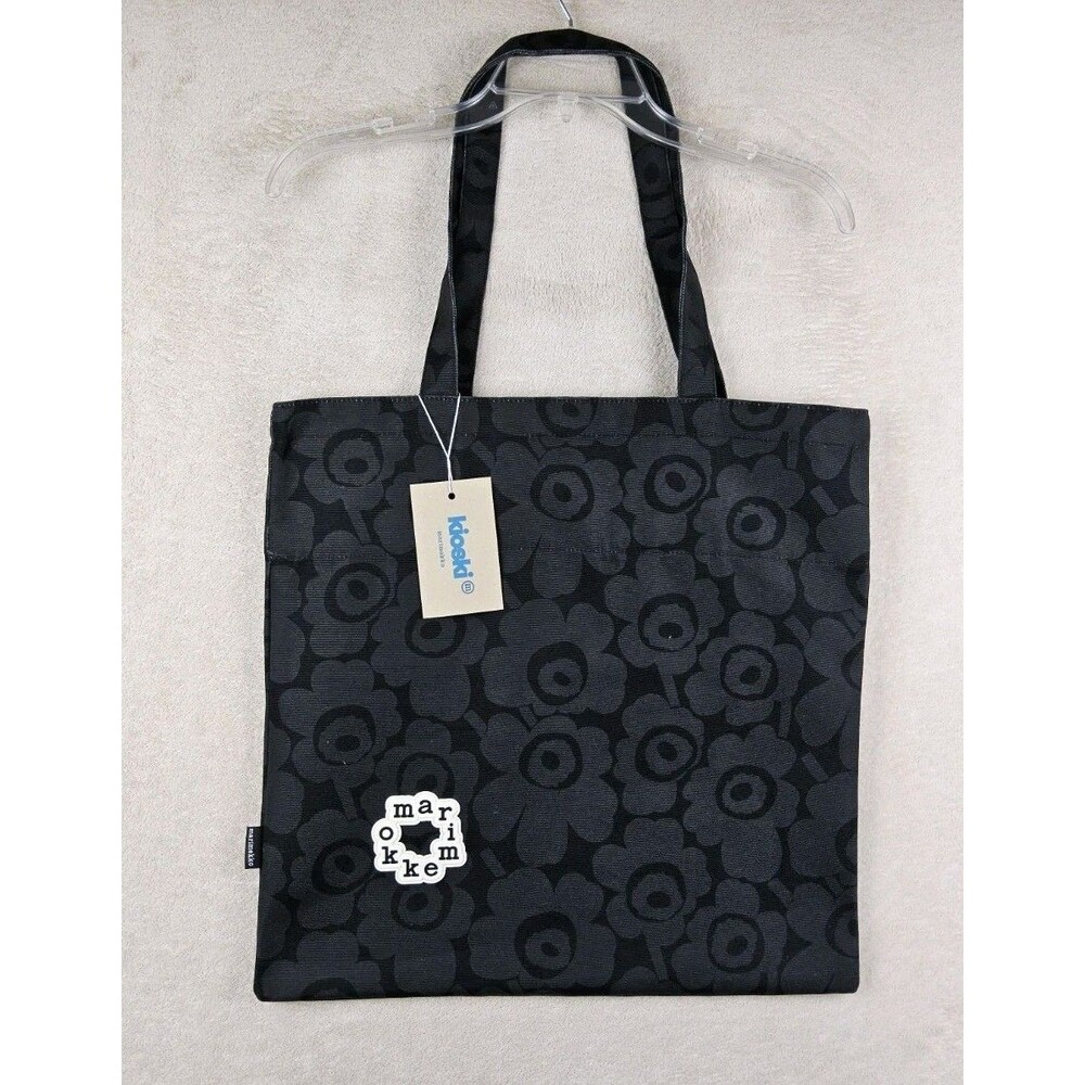Marimekko Kioski Metka Mini Unikko Black Floral Canvas Tote Bag NWT Logo Patch